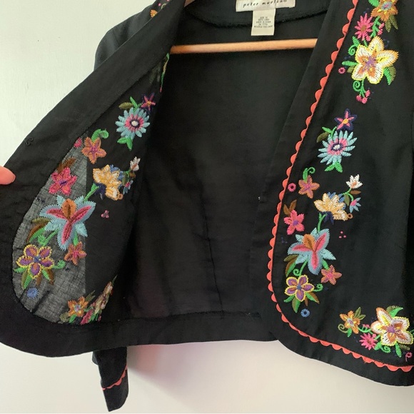 Peter Martin Black Linen Embroidered Floral Boho Short Open Jacket SZ 10 Cottage - Picture 6 of 13